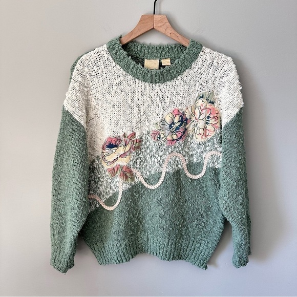 Needles & Yarn Sweaters - Needles & Yarn Vintage Sweater Large Green Embellished Top Cottage Granny